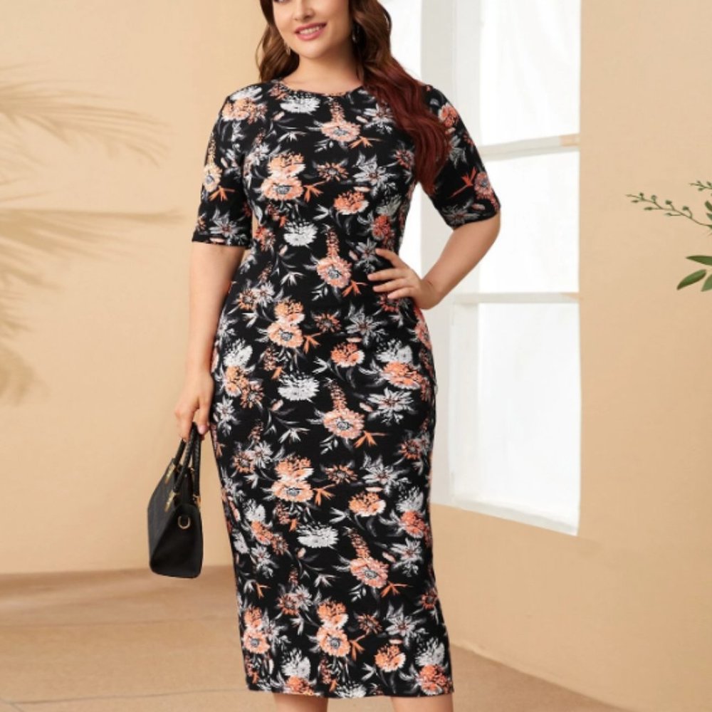 SHEIN Plus Slit Back Allover Floral Dress OBO